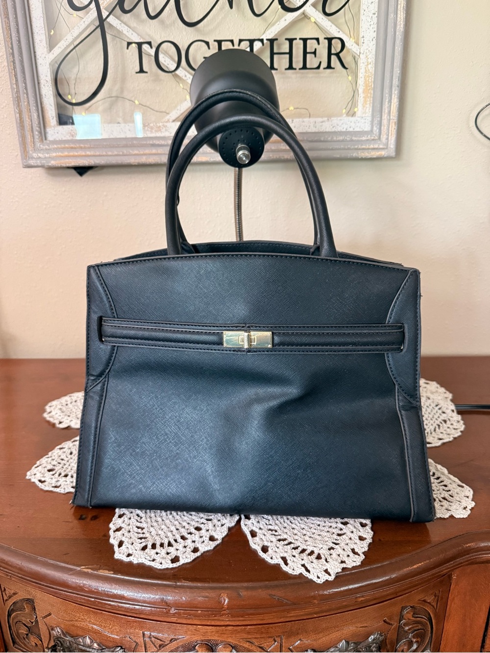 Classic Black Structured Tote Handbag - Women's Designer Style with long strap
